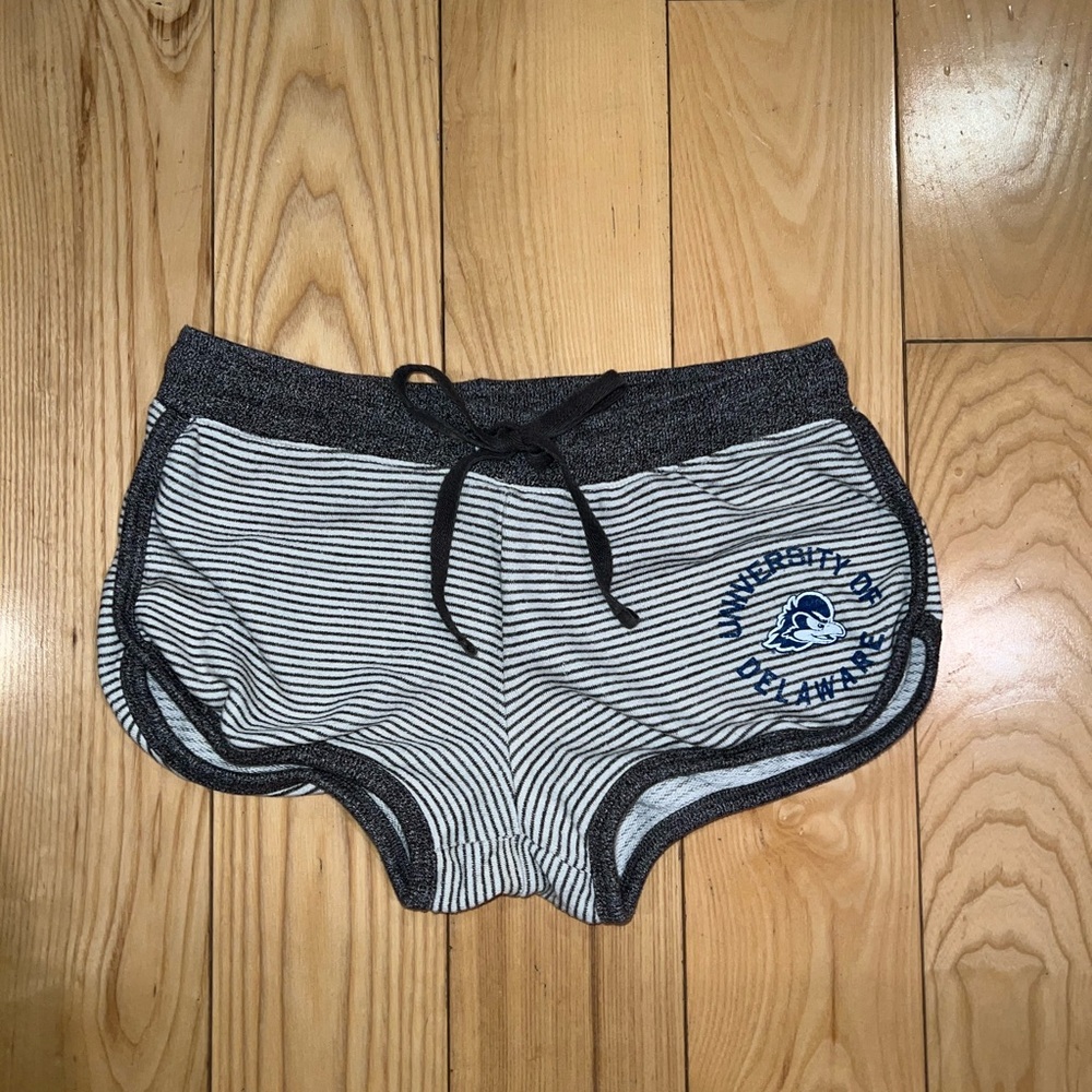 University of Delaware woman’s Striped Gray and Black Athletic Shorts